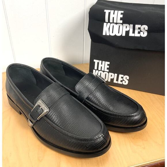The Kooples Leather Snake Skin Pattern Silver Buckle Black‎ Loafers NIB FR 42